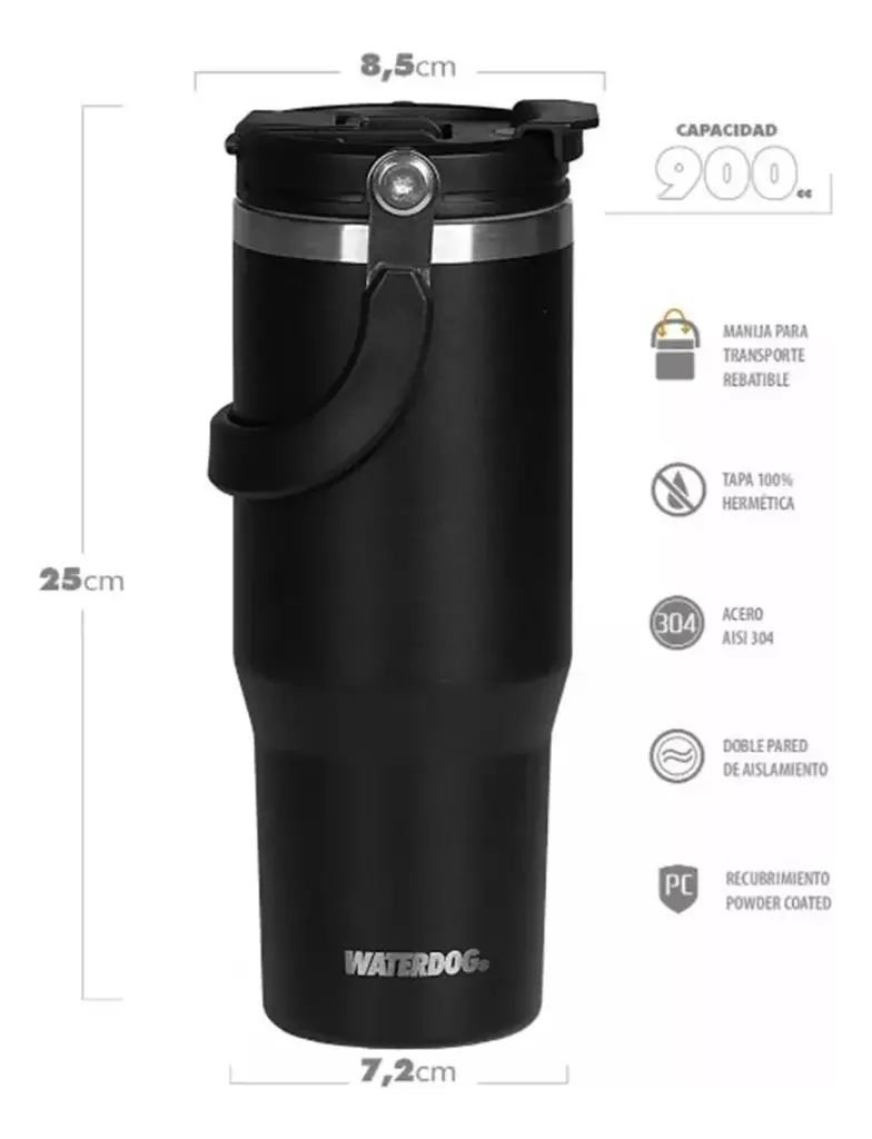 VASO DOBLE PARED 900 CC NEGRO AISI 304 NEGRO WATERDOG