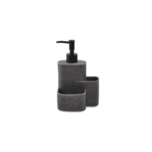 DISPENSER PARA DETERGENTE SIMIL PIEDRA GRIS CON PORTA ESPONJA Y PORTA CEPILLO 12X9,5X18,7CM DE RESINA