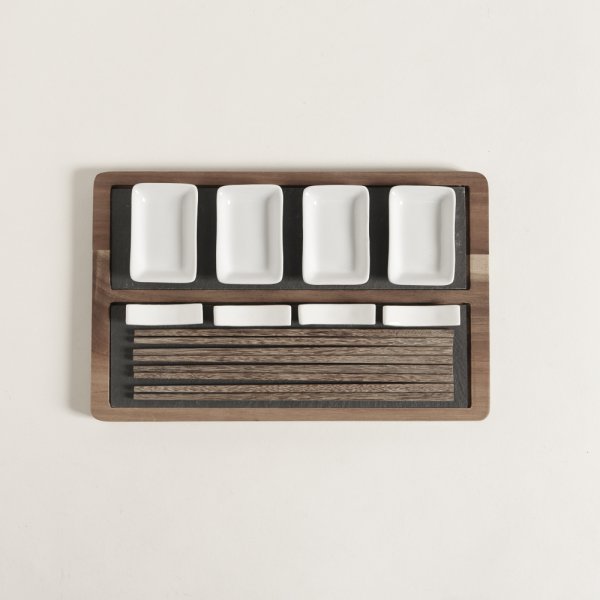 [4112970] Set De Sushi Para 4 Acacia Y Laja Blanco 31,5X20 Cm