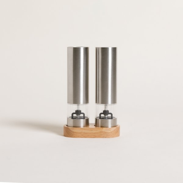 [4113318] Set De Salero Y Pimentero Automatico Acero Base Madera