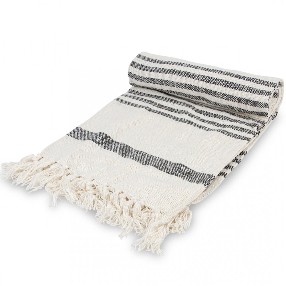 [380475] Manta 125 X 150 Cm Natural Con Rayas Grises Y Flecos
