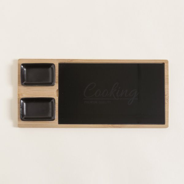 [4114060] Tabla De Quesos Bamboo Y Vidrio Negro Con Dos Recipientes 34X16 Cm