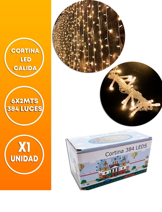 CORTINA LED 384 LUCES 6X2 M 24 TIRAS CALIDA 220V 20W