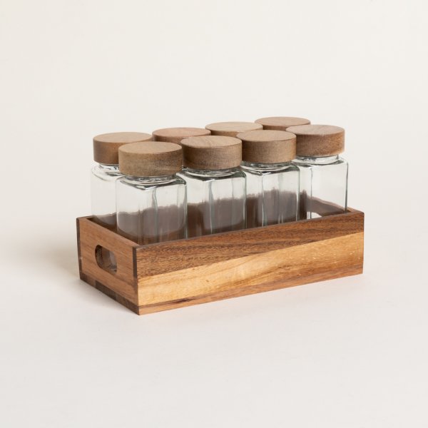 Set X 8 Especieros De Vidrio Con Madera De Acacia