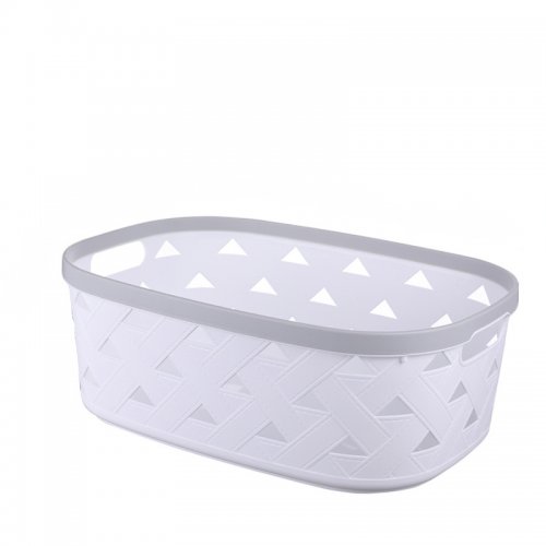 [2561710] CANASTO OVAL SIMIL CUERO TRENZADO BLANCO CON BORDE GRIS CON ASA 30X21X13,5CM DE PLÁSTICO