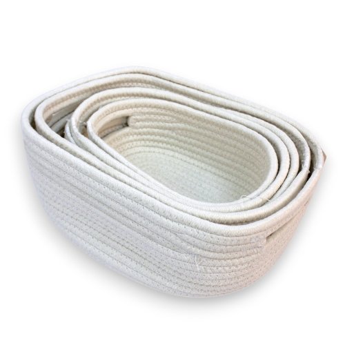 Set X5 Canastos Oval Con Asa De Hilo De Polyester Y Algodón 30X22X11 / 28X20X10 / 25X18X9 / 23X16X8 / 20X14X7Cm Blanco