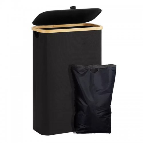 Cesto De Ropa Rectangular Fino Negro Con Tapa Borde Bambú 40X22X66Cm Tela