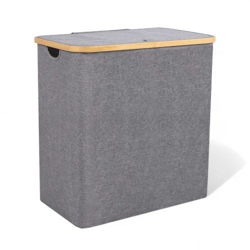 [2561719] Cesto De Ropa Doble Gris Con Tapa Borde Bamboo 54X33X58Cm Tela