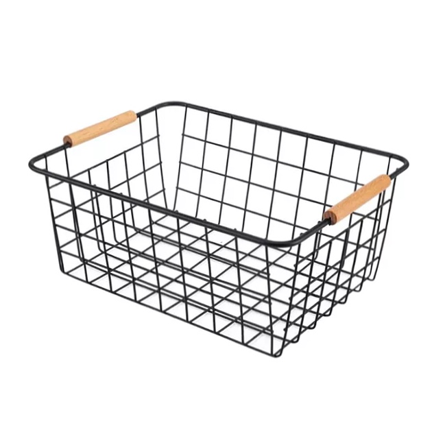 CANASTO ORGANIZADOR METAL NEGRO MANGO MADERA 29 X 21.5 CM