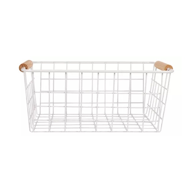 CANASTO ORGANIZADOR METAL BLANCO MANGO MADERA 29 X 21.5 CM