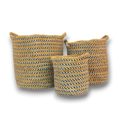 [380934] Set X 3 Canastos Yute Y Algodón Negro 30 X 30 / 25 X 25 / 20 X 20 Cm