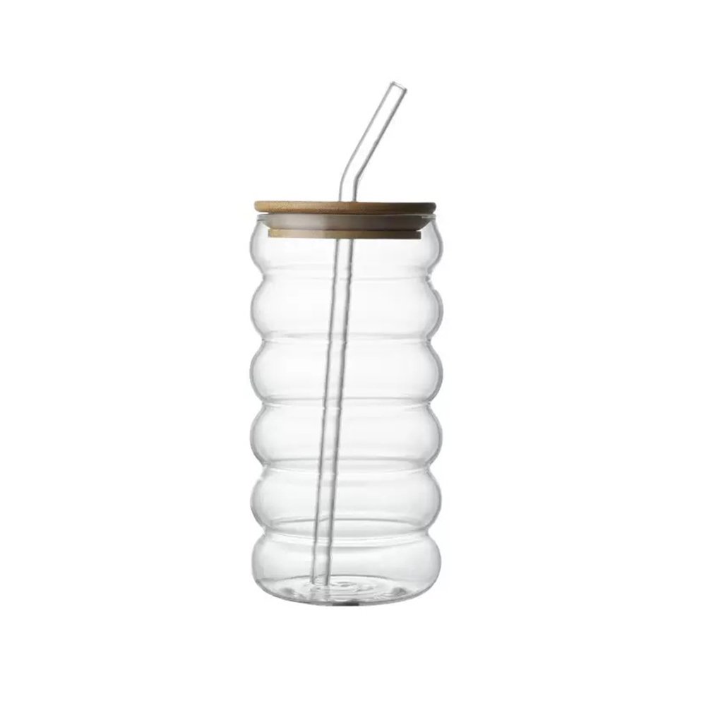 Vaso de vidrio diseño nube chico con sorbete y tapa de bamboo 400ml 7,1x13,8cm
