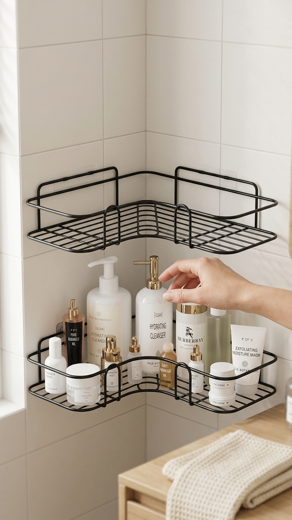 [256903] Estante de baño autoadhesivo de metal negro 36x26x26cm