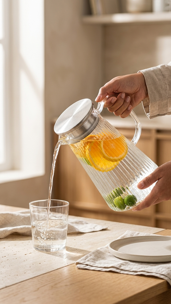 [256941] Jarra Jarra bombé de policarbonato transparente con rallas verticales y tapa de metal 1500ml 9,2x13,2x22cmbombé transp ray