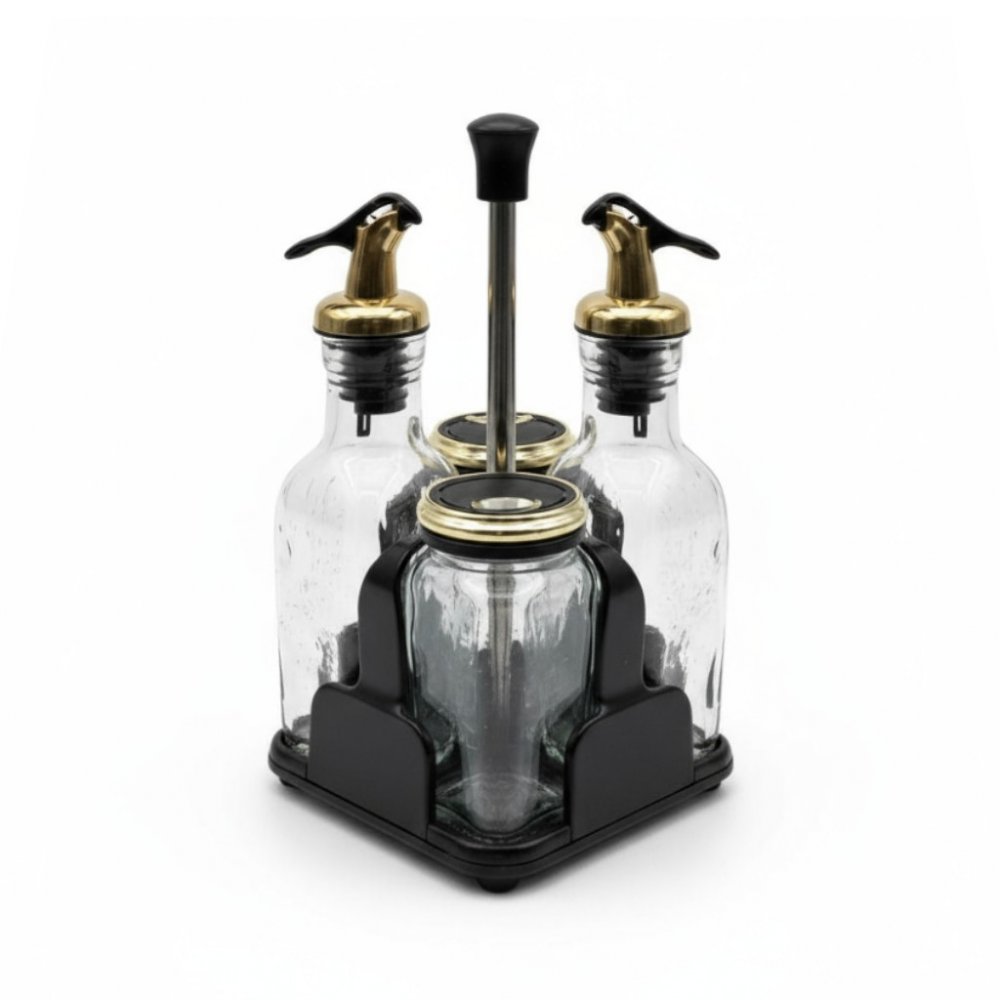 [256913] Set x4 aceitera-vinagrera-salero-pimenterode vidrio con tapa negra con dorado y soporte 11,5x11,5x23cm
