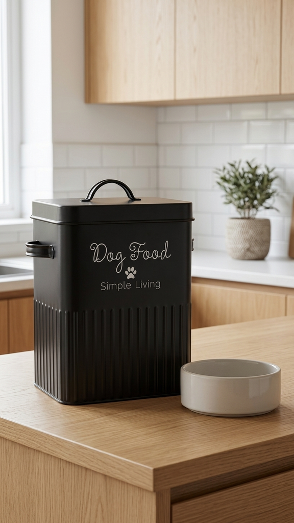 [256933] Lata Para Alimento De Perro Cuadrada Negra De Metal Con Cuchara Y Tapa Con Manija 18×15,5×25,5Cm