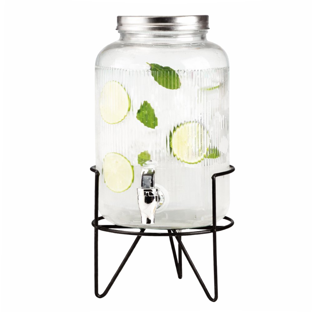 Dispenser de bebida de vidrio rayado vertical con soporte de hierro negro y tapa de metal 3800ml 10,7x15,8x25cm