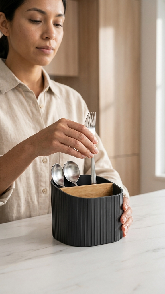 [256806] Organizador De Cubiertos De Plástico Negro Con Líneas Verticales Y Divisor Interno De Bambú 10,5×10,5×13Cm