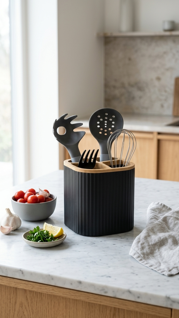 [256807] Organizador De Utensillos De Plástico Negro Con Líneas Verticales Y Tapa Superior De Bambú Con Divisiones 10,2×10,2×17,7Cm