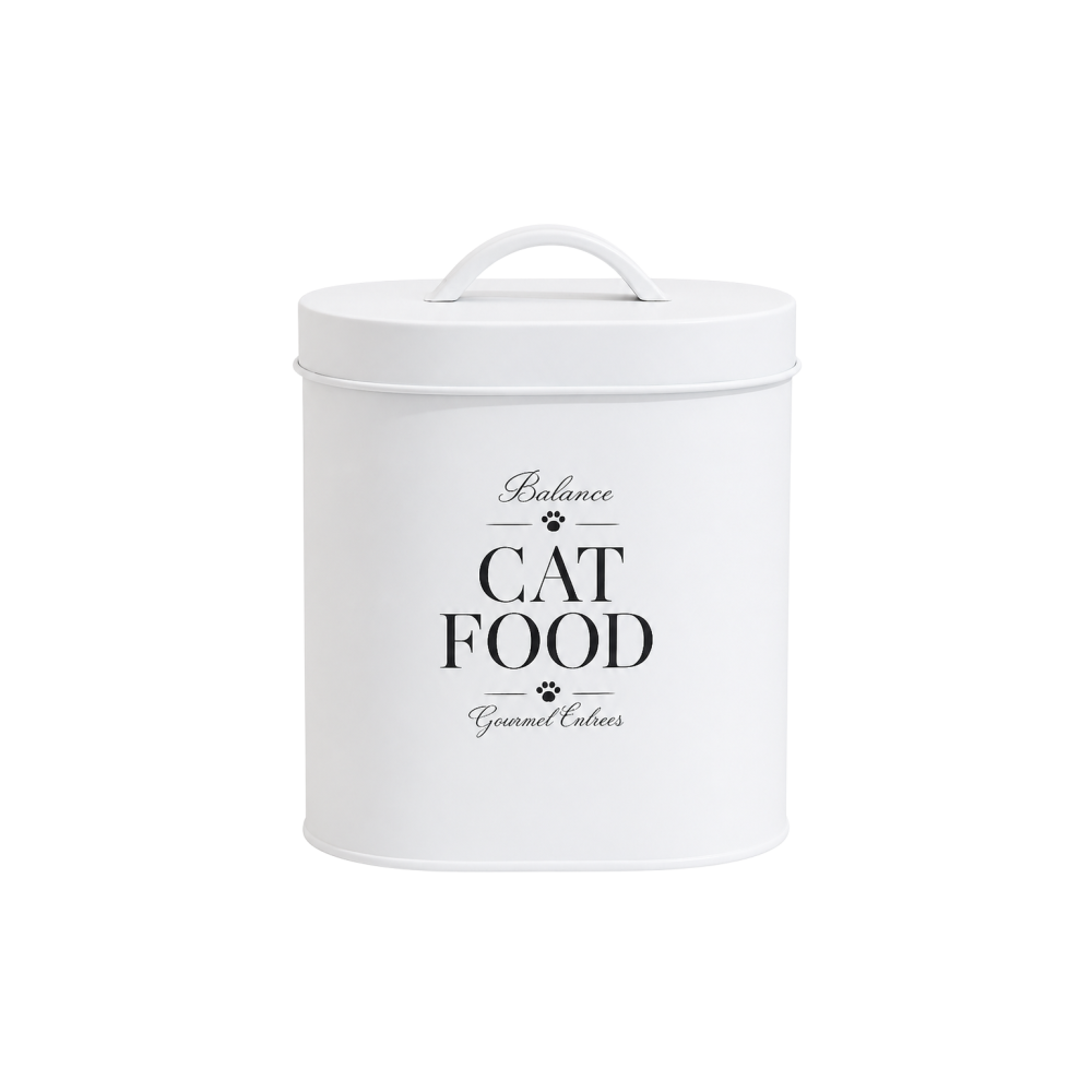 [256802] Lata Para Alimento De Mascotas Oval Blanca De Metal Con Tapa Con Manija 17,5X12,8X18,5X22Cm