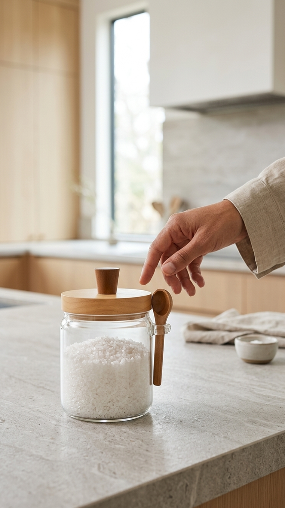 [256799] Frasco De Vidrio Con Cucharita Y Tapa De Bamboo Con Perilla 500Ml