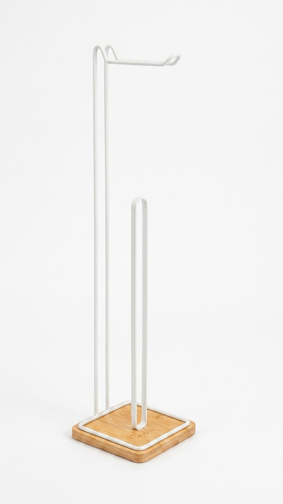[256818] Portarrollos De Papel Higienico De Acero Blanco Con Base De Bamboo Cuadrada 14X16X56X59Cm