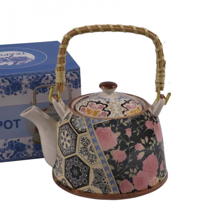 [414512] Tetera Porcelana 900 Cc Rosas Fondo Negro