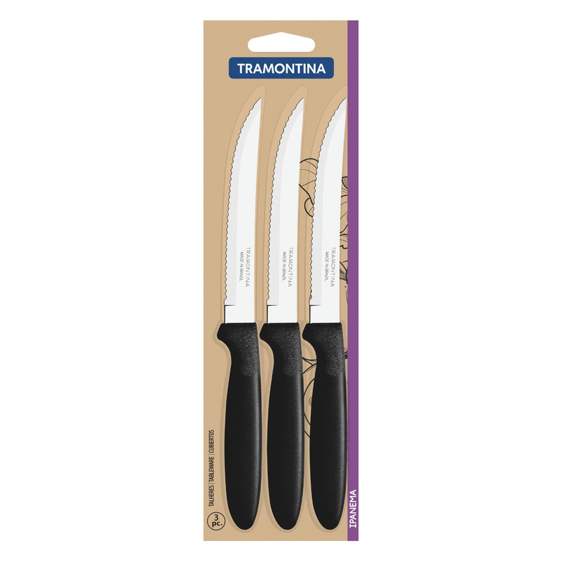 CUCHILLOS NEGRO ASADO BLISTER X 3 IPANEMA TRAMONTINA