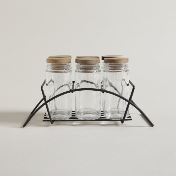 Set X 6 Especieros Vidrio Y Acacia En Rack 90 Ml -