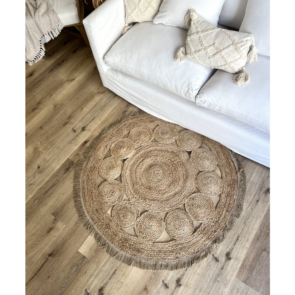 [3800133] Alfombra De Yute Redonda 120 R Con Círculos Internos Y Flecos