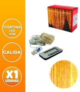 CORTINA MICROLED ALAMBRE 300 LUCES 3 X 2 M 8 TIRAS CON CONTROL REMOTO CALIDA USB