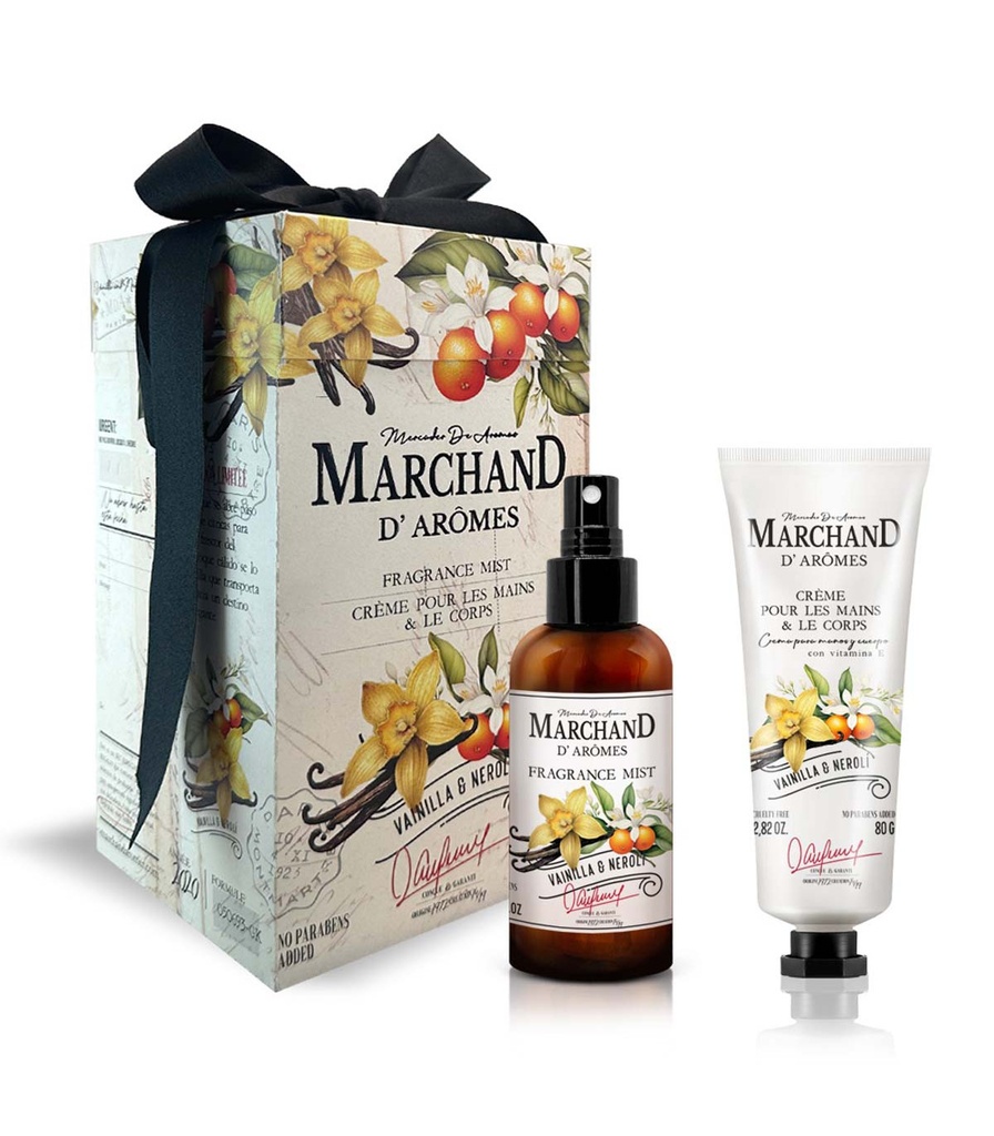 CUBO MARCHAND D AROMES FRAGRANCE MIST Y CREMA DE MANOS Y CORPORAL VAINILLA Y NEROLÍ