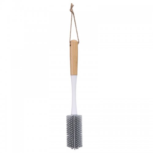 Cepillo De Cocina Redondo Blanco Con Gris Con Mango De Bamboo 4,5X9,5X31Cm De Silicona