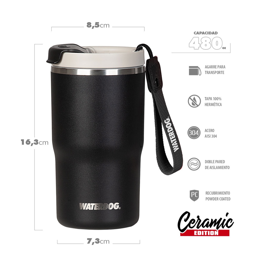 VASO DOBLE PARED CERAMICA 480 CC NEGRO ACERO AISI 304 WATERDOG