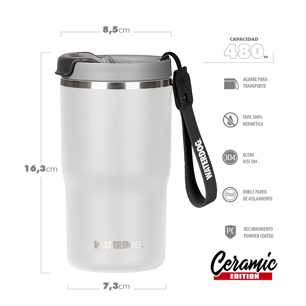 VASO DOBLE PARED CERAMICA 480 CC BLANCO ACERO AISI 304 WATERDOG CLYDE