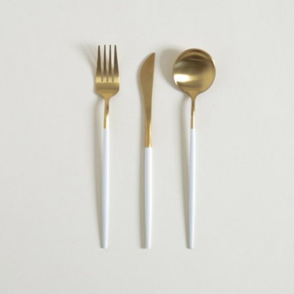 Set X 3 Utensilios De Mesa Dublin Dorado Mango Blanco 22 Cm