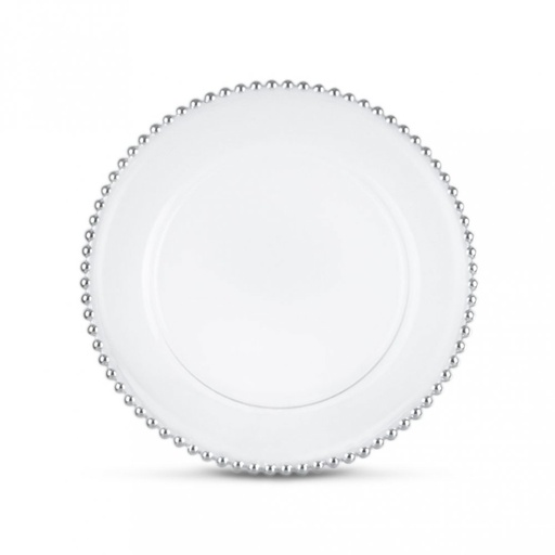 [2561350] PLATO DE SITIO DE VIDRIO CON BORDE CON PUNTOS PLATEADOS 32 CM