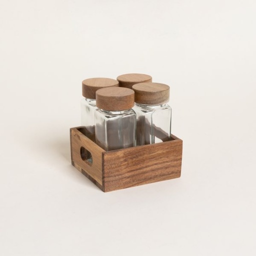 [4114151] SET X 4 ESPECIEROS DE VIDRIO CON MADERA DE ACACIA