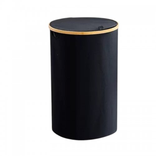 [2561726] CESTO DE ROPA REDONDO NEGRO CON TAPA BORDE BAMBÚ 38X50CM TELA