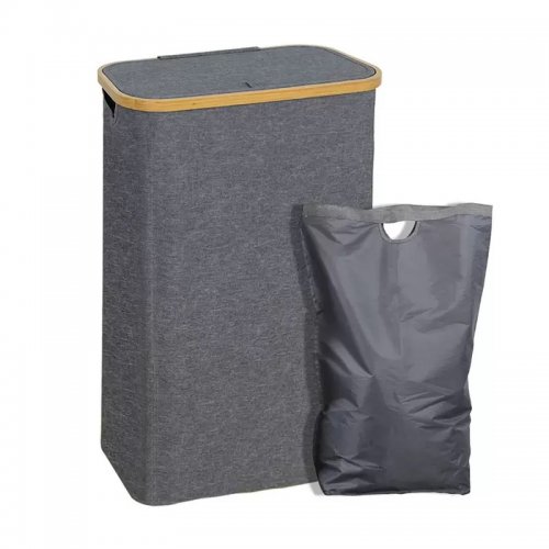 [2561727] CESTO DE ROPA RECTANGULAR FINO GRIS CON TAPA BORDE BAMBÚ 40X22X66CM TELA