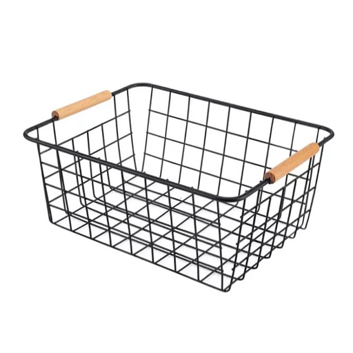 [1400025] CANASTO ORGANIZADOR METAL NEGRO MANGO MADERA 29 X 21.5 CM