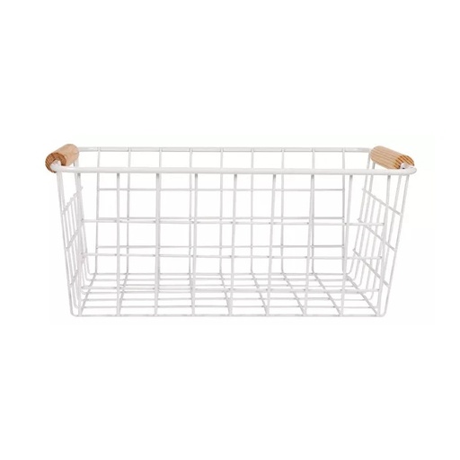 [1400026] CANASTO ORGANIZADOR METAL BLANCO MANGO MADERA 29 X 21.5 CM