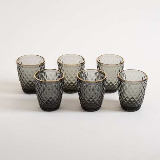 [411161] SET X 6 VASOS BAJOS DE VIDRIO AZUL BORDE DORADO LINEA DIAMANTE 8X10CM