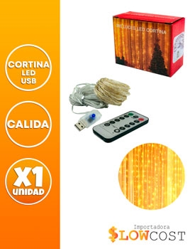 [42053] CORTINA MICROLED ALAMBRE 300 LUCES 3 X 2 M 8 TIRAS CON CONTROL REMOTO CALIDA USB