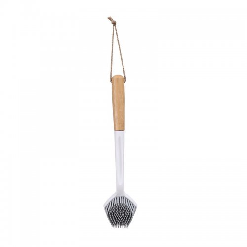 [2560649] CEPILLO DE COCINA PENTAGONAL BLANCO CON GRIS CON MANGO DE BAMBOO 6X7X28CM DE SILICONA