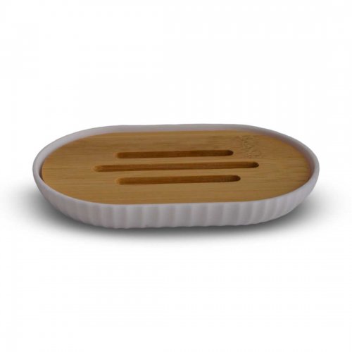 [256282] JABONERA OVAL BLANCA CON RAYAS VERTICALES CON TAPA DE BAMBOO 12,5X8CM DE PLÁSTICO