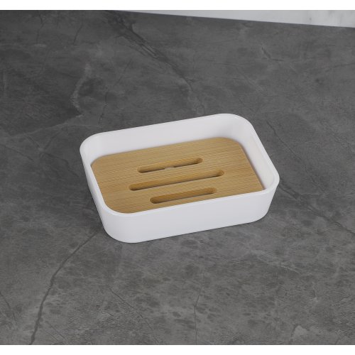 [256291] JABONERA RECTANGULAR BLANCA LISA CON TAPA DE BAMBOO 9X12X3CM DE PLÁSTICO