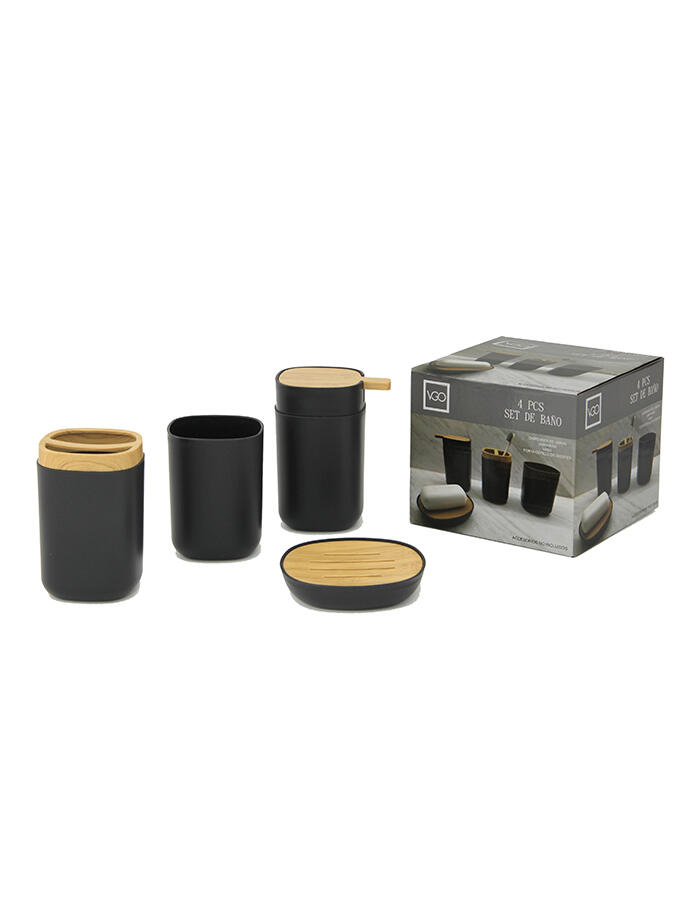 DISPENSER DE JABON (10,3x7,7x13 cm), JABONERA (11x11x2,5 cm), VASO (7,7x7,7x10,5 cm) Y PORTA CEPILLO DE DIENTE (7,7x7,7x11,7 cm). BA1051