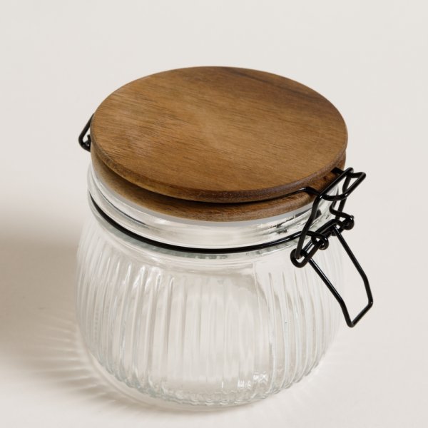 FRASCO HERMETICO VIDRIO CON RAYAS Y TAPA ACACIA 50