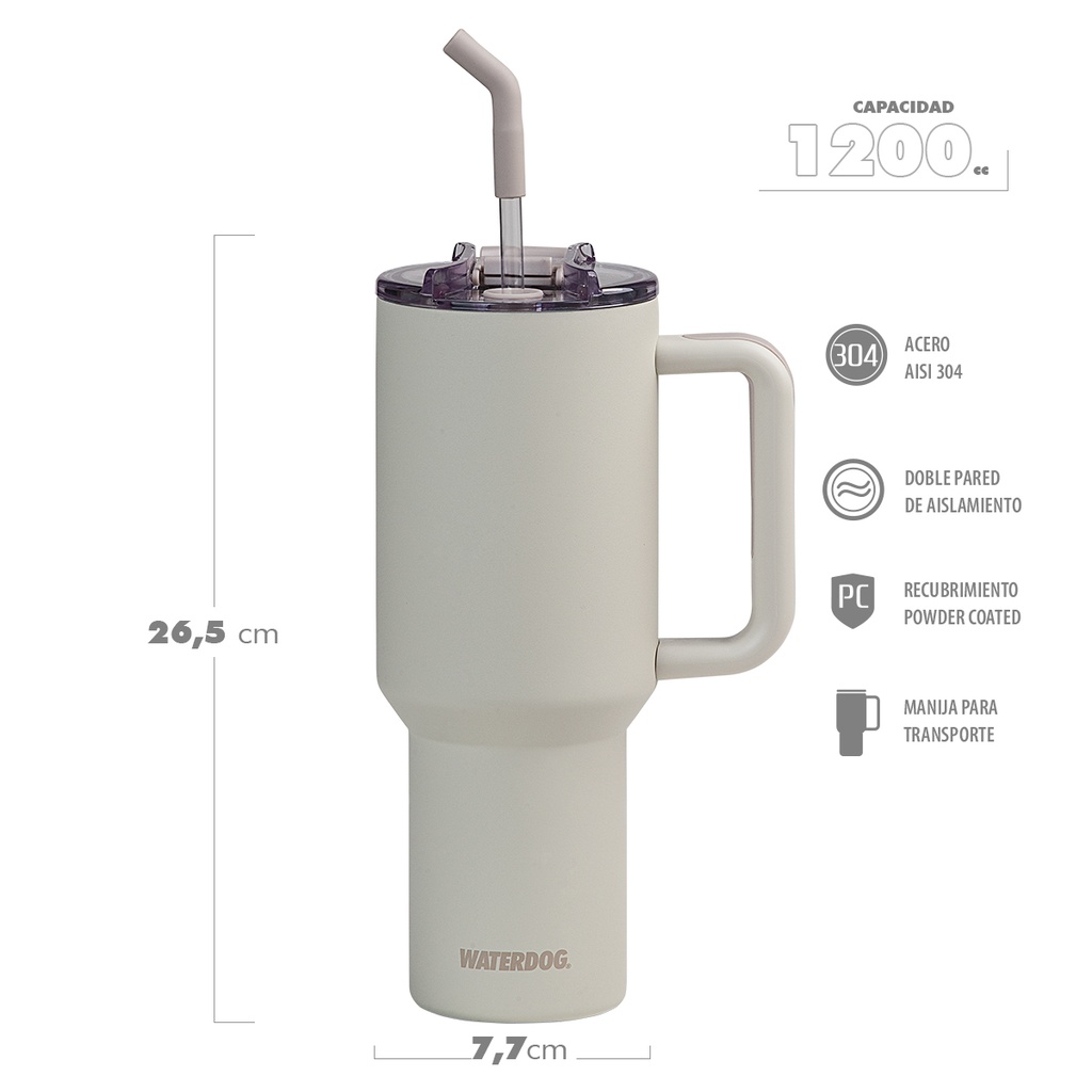 VASO DOBLE PARED BLANCO DE ACERO INOXIDABLE AISI-304 - CON SORBETE REBATIBLE Y MANIJA DESMONTABLE WATERDOG